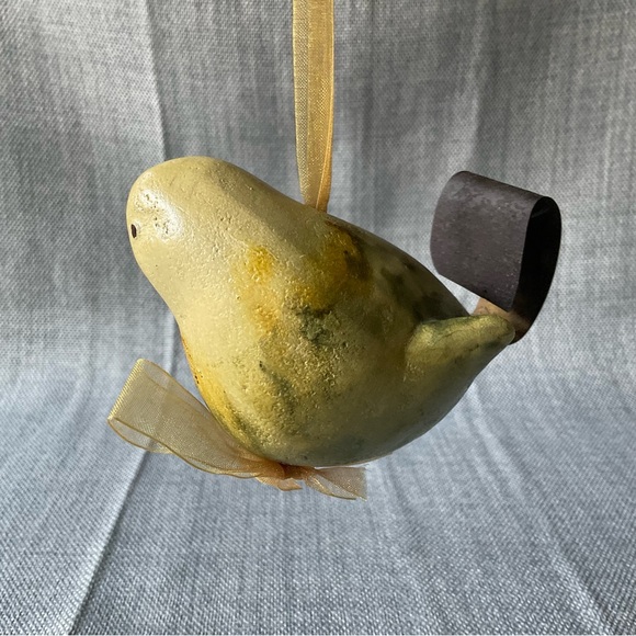 Rustic Yellow Hanging Ceramic Bird Gold Ribbon Ornament Chickadee Figurine Decor - Picture 3 of 15